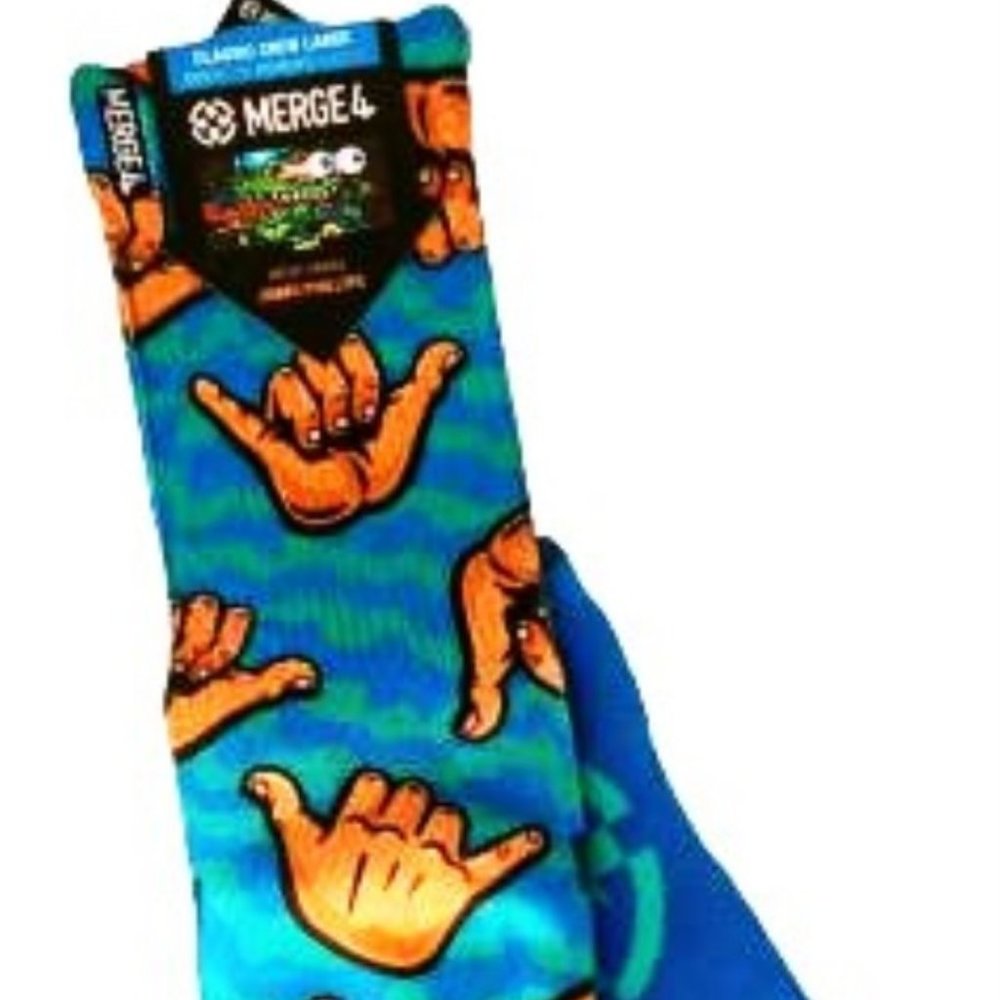 Merge4 Unisex Crew Socks One Size Fits Most Jimbo Phillips Shaka Hang Loose Fun